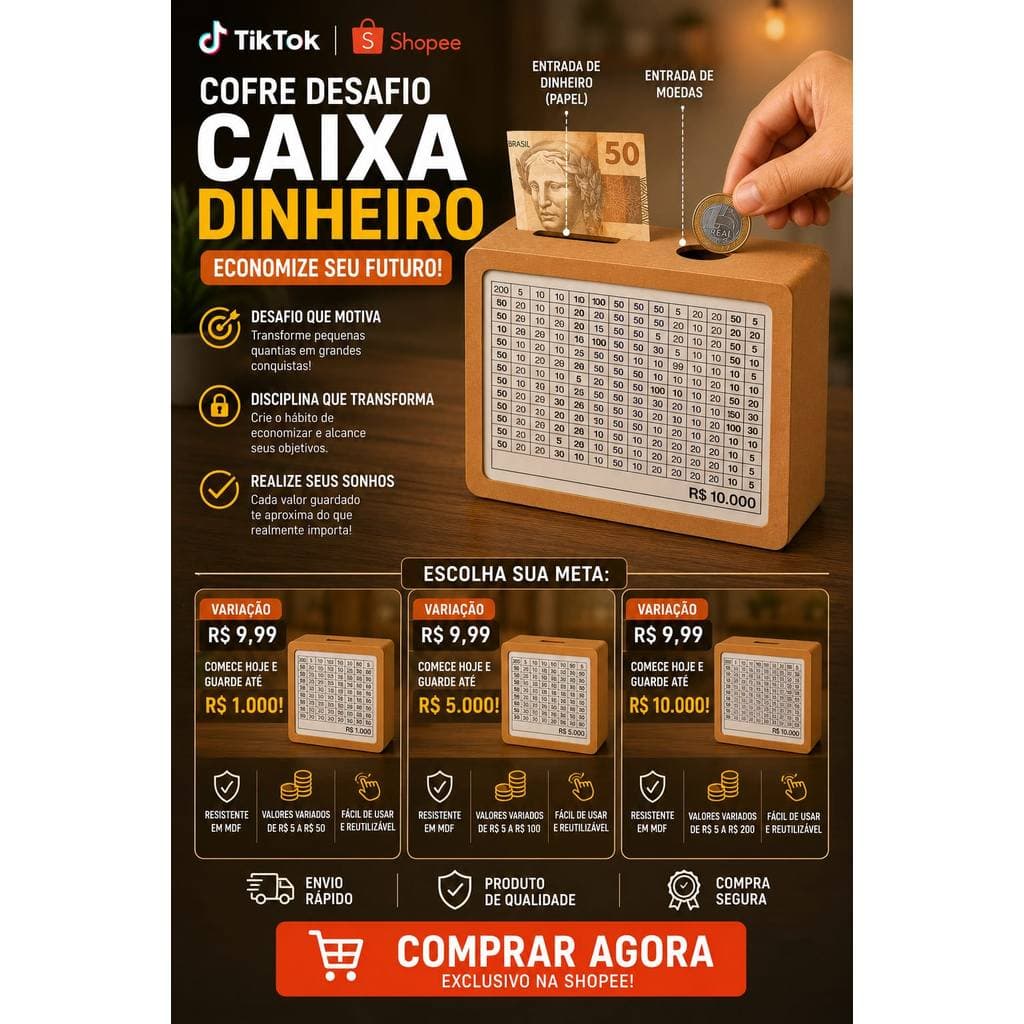 Cofrinho Desafio Caixa Em MDF Personalizado Escolha Sua Meta 1Mil/5Mil/10Mil Cofre Cédulas E Moedas