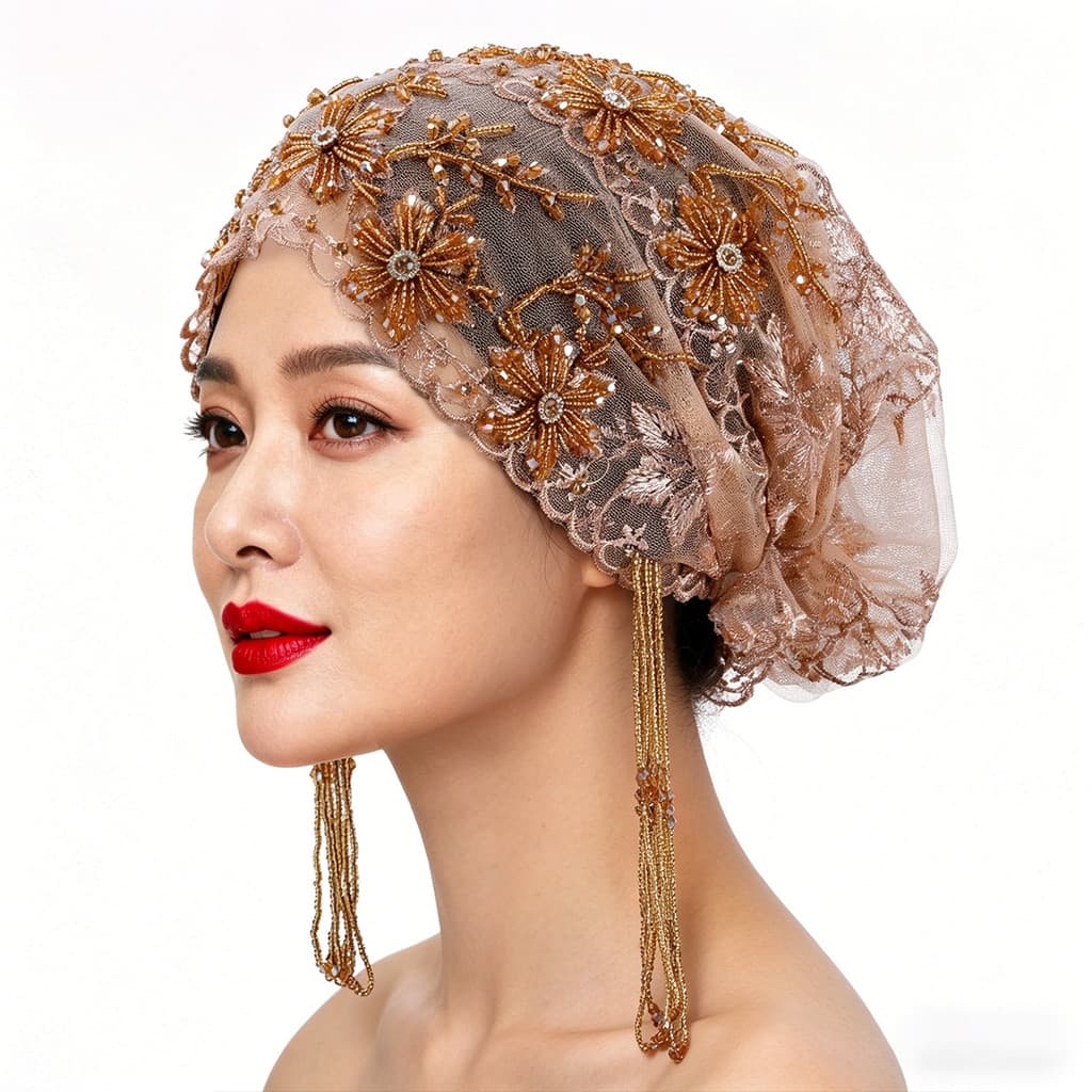 [Estoque pronto] High-End Premium Indústria Pesada Frisada Bordado Renda Pura Borla Frisada à Mão Baotou Cap Respirável