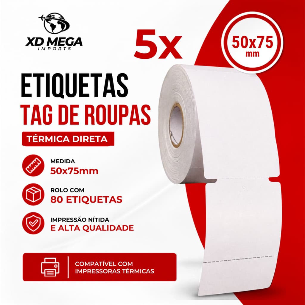 5 rolos Tag Para Roupa Térmica Não Usa Ribbon 50x75