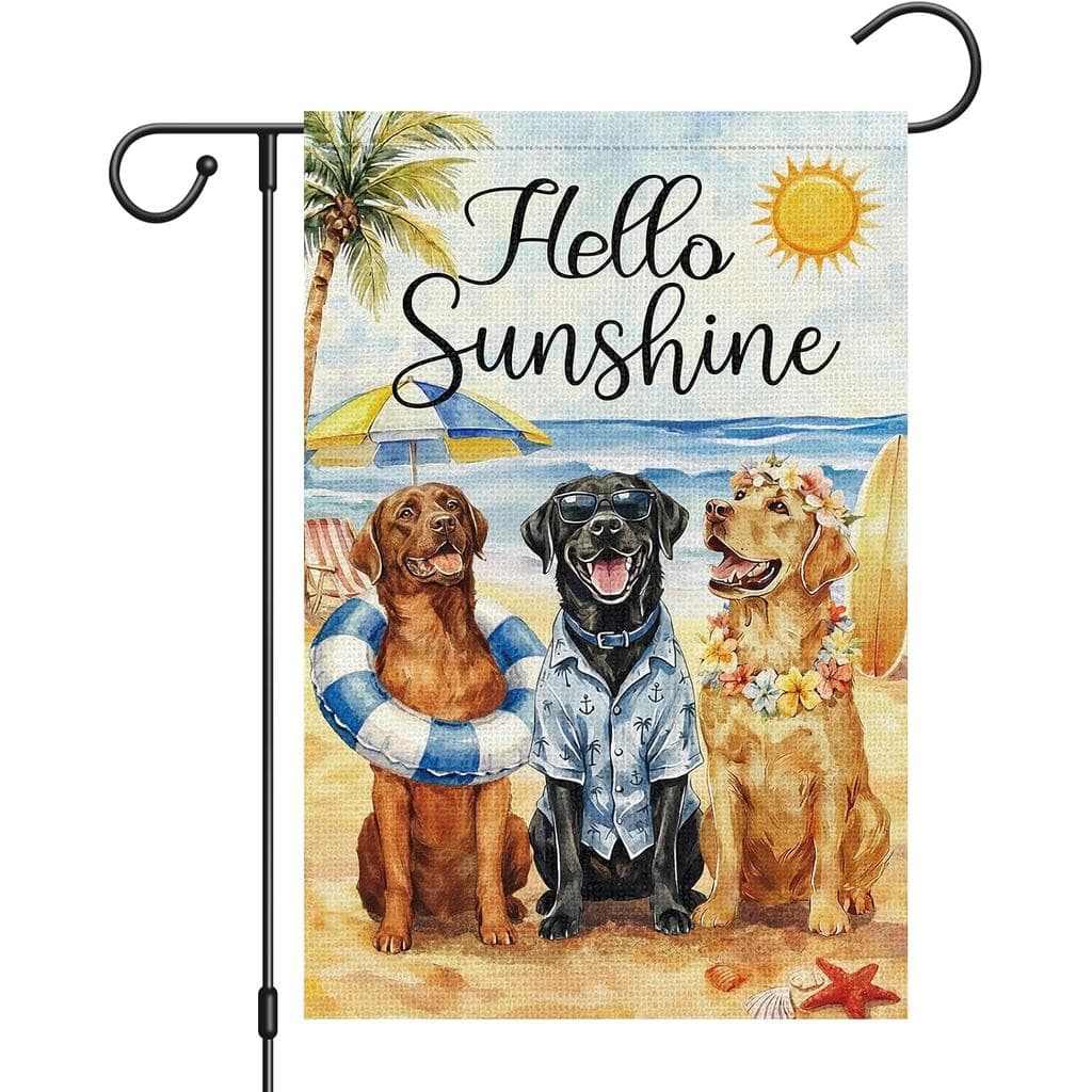 Heyfibro Hello Sunshine Bandeira de Jardim de Verão com Cães Labrador, 12x18, Dupla Face, de Juta, com Tema Tropical Cos