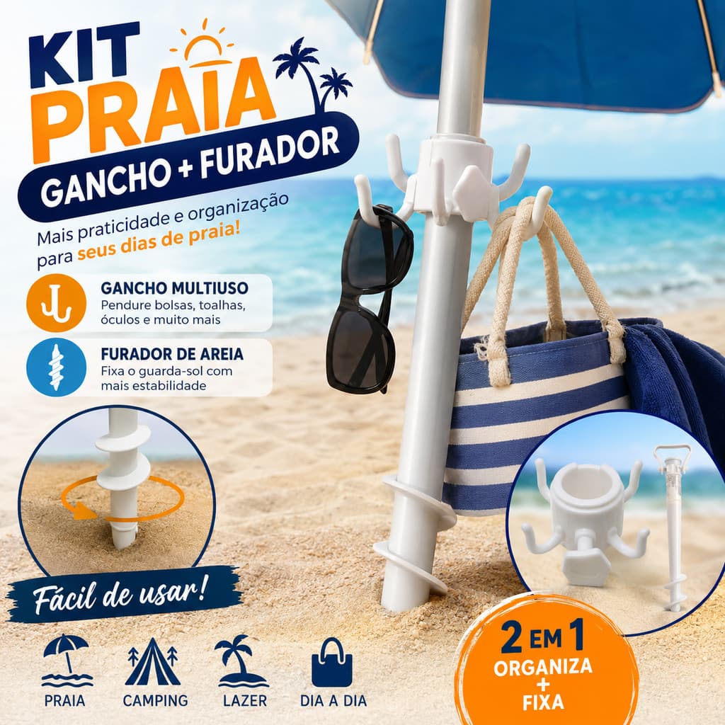 Gancho para Guarda-Sol com Furador de Areia Multiuso para Praia e Camping