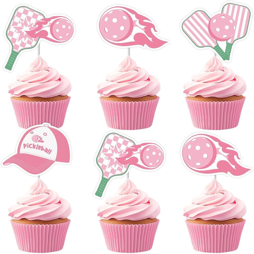 Cheereveal 36 Peças de Topper de Cupcake de Pickleball Rosa para Meninas e Mulheres, Palitos de Cupcake com Raquetes de