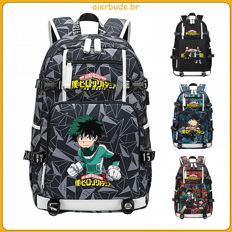 Mochila Escolar My Hero Academia com USB para Laptop, Mochila Recarregável para Meninos e Meninas, Mochilas Infantis ELB