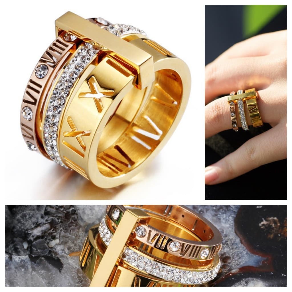 Fedsolife Moda Anel Diamante Único Aço Titânio Banhado A Ouro Multi-Anel Algarismos Romanos