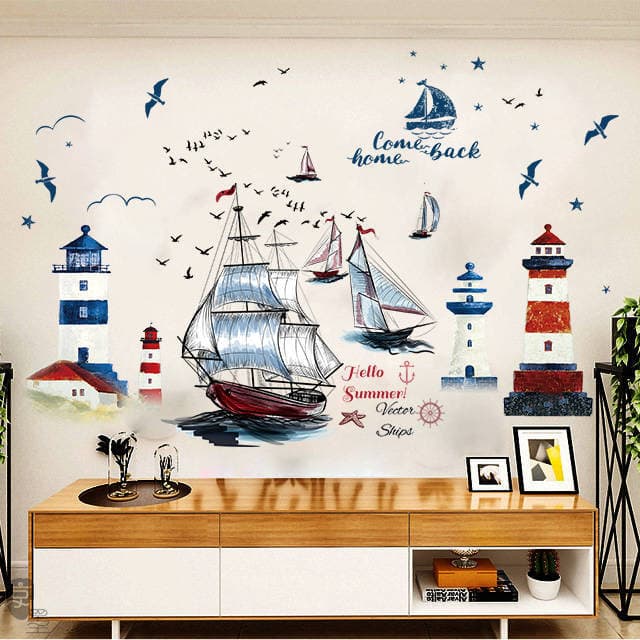 Vela estilo nórdico adesivos oceano tema estilo mediterrâneo decorativo paisagem cartaz papel adesivos de parede meninos