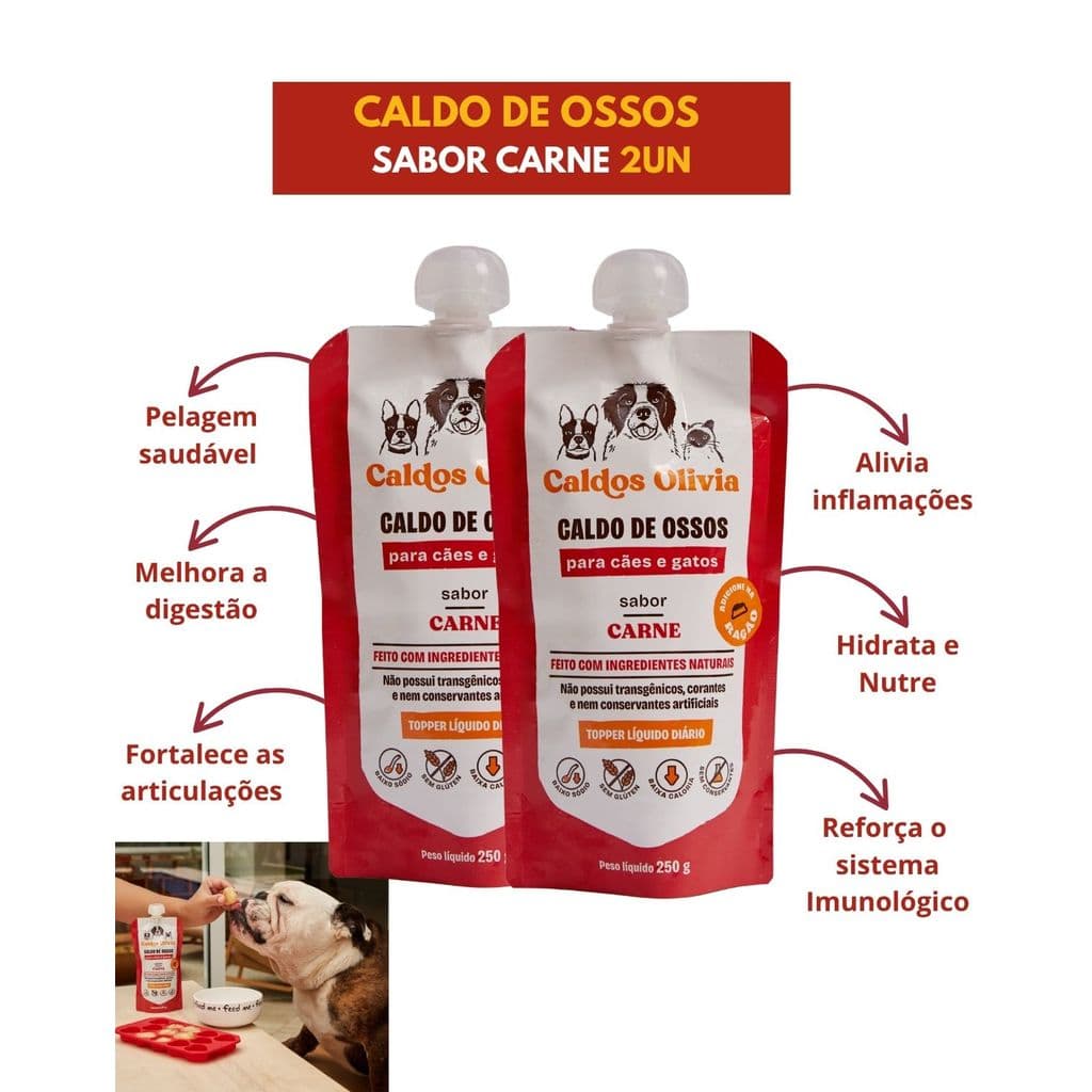 Kit 2un Caldo de Ossos Olivia Para Cães Gatos Sabor Carne Suplemento Natural Pet