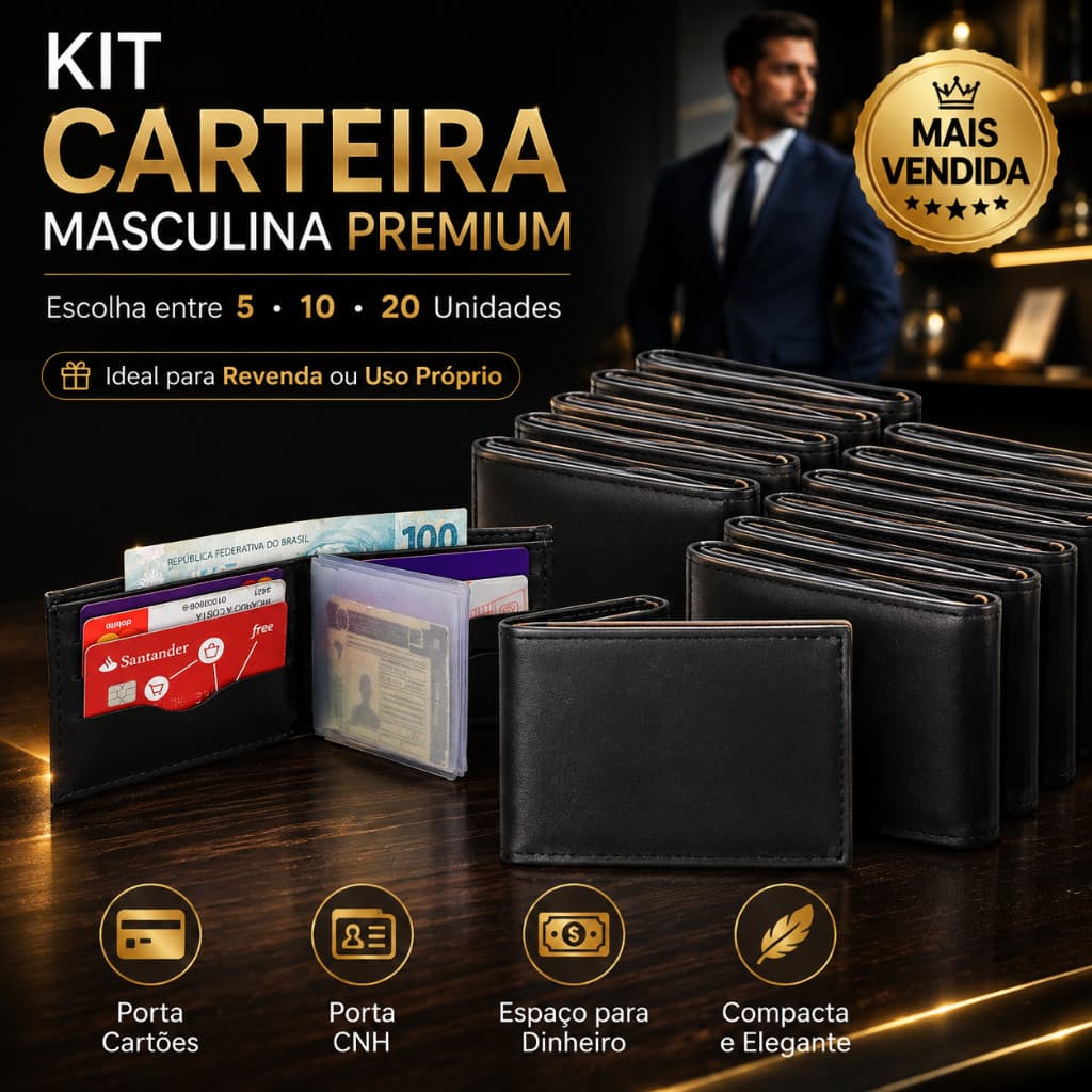 Kit Carteira Masculina Slim Porta Cartões Porta CNH Couro Sintético Premium 5 10 ou 20 Unidades