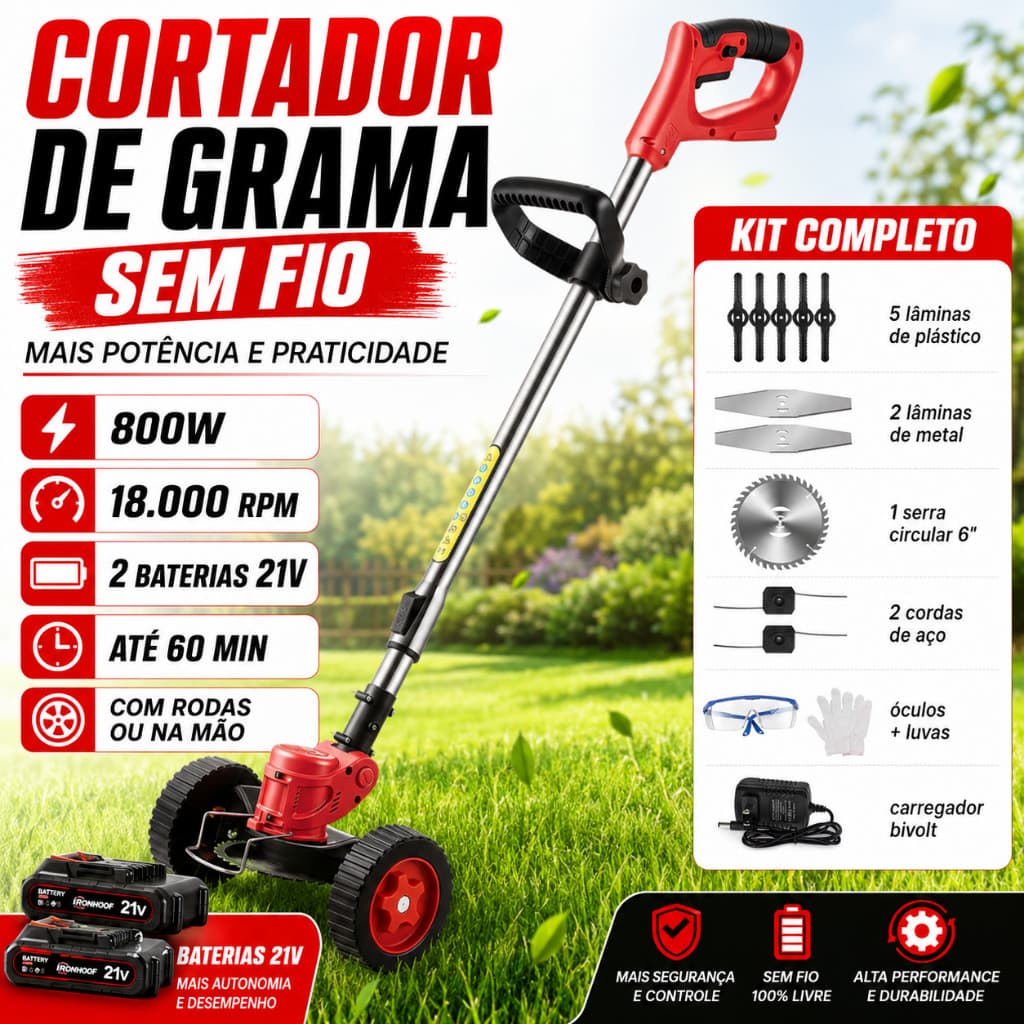 Aparador de Grama a Bateria 21V Sem Fio com 2 Baterias para Jardim e Quintal