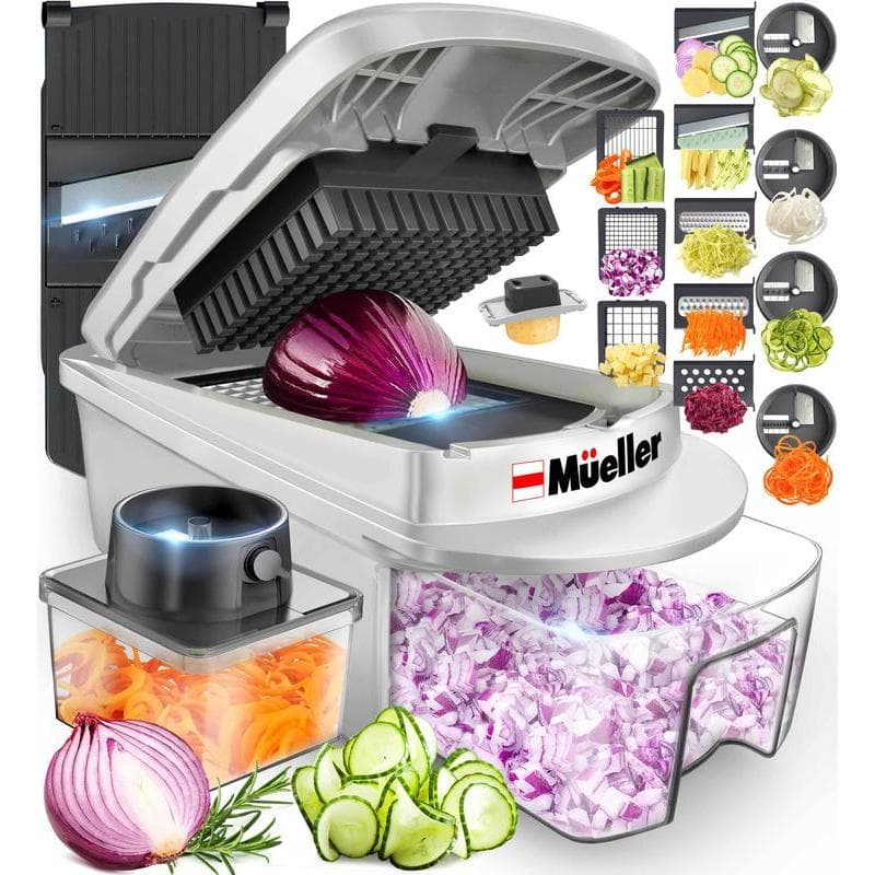 Cortador de Legumes MUELLER Pro, Fatiador de Alimentos, Cortador de Cebola, Ralador de Queijo, Espiralizador de Salada,