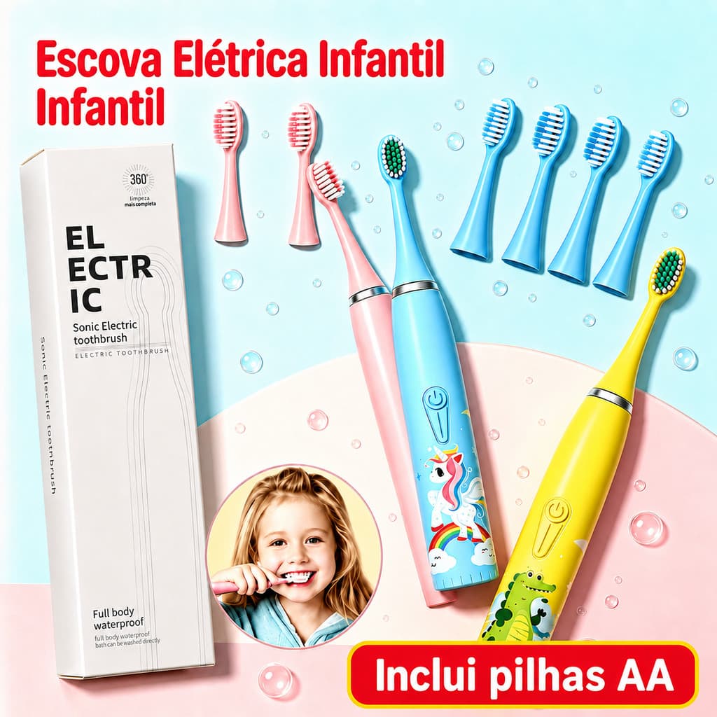 Escova Elétrica Infantil Ultrassônica Para Crianças Onda Sônica Suave 5 Cabeças Cerdas Macias Inclui Pilhas AA