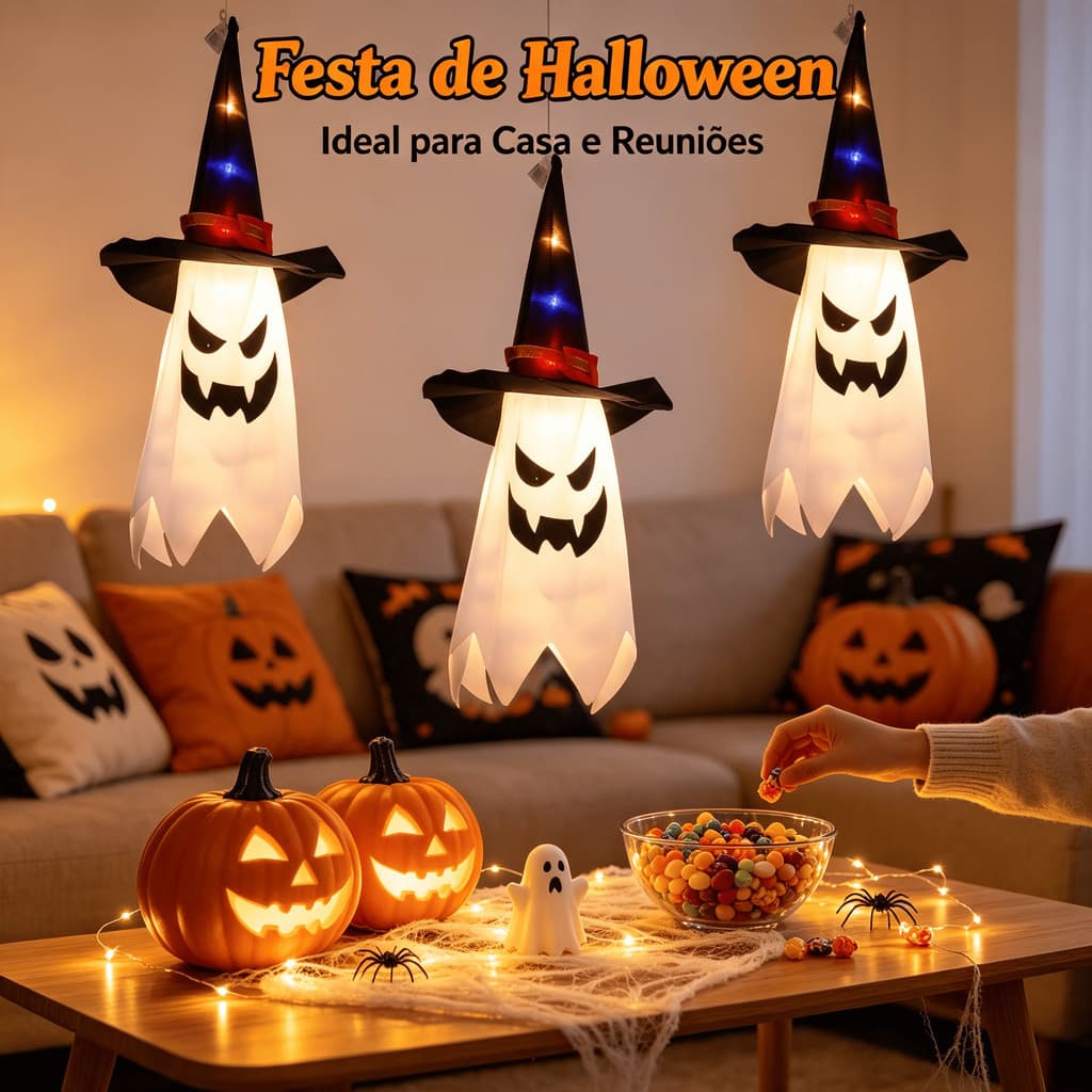 Decoração Halloween Chapéu Fantasma Suspenso LED