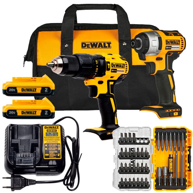 Parafusadeira DCD7781 + Parafusadeira Imp DCF7871 + 2 Baterias 20V 2Ah + Carregador + Bolsa + Acessórios DeWalt
