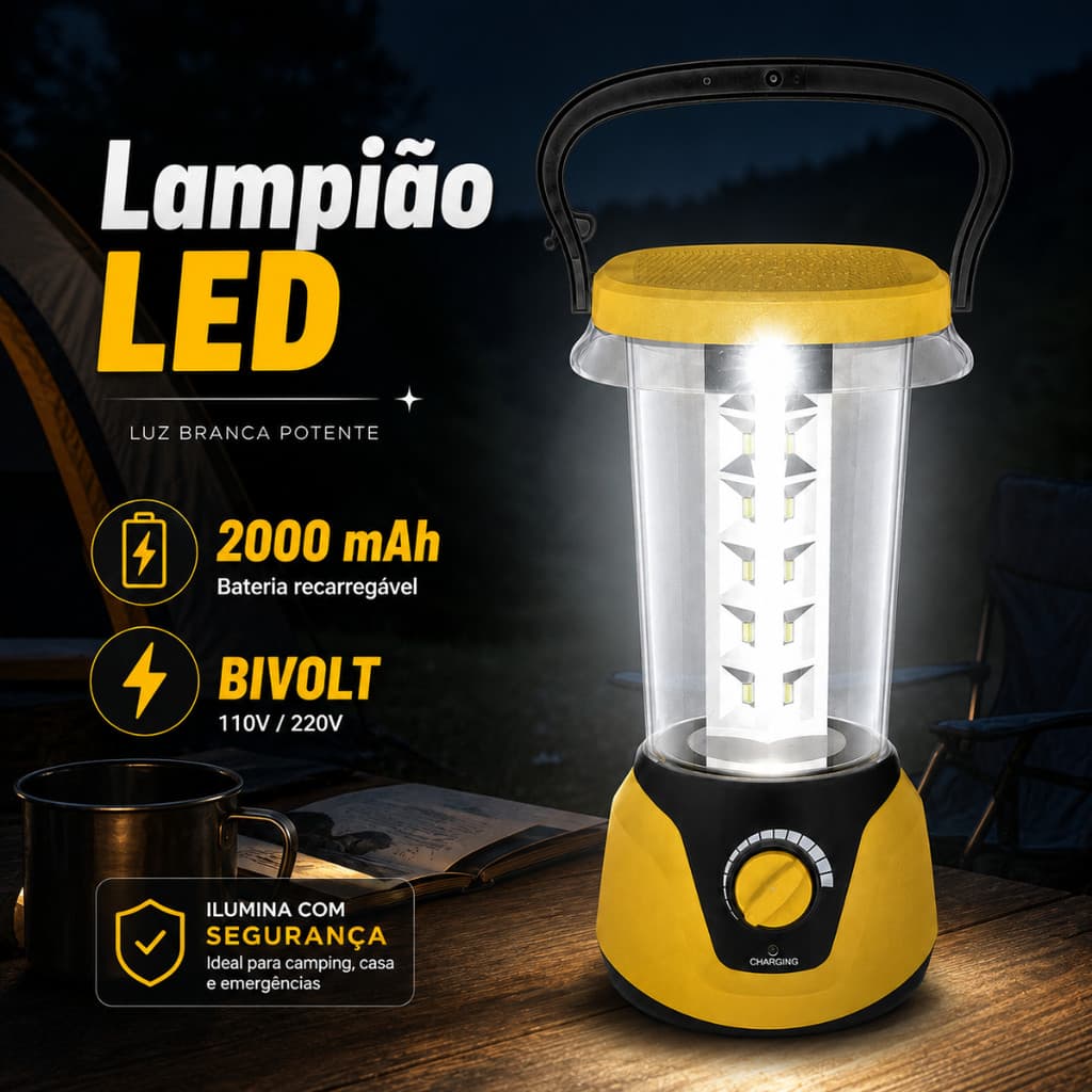 Lampião de Led Recarregável Bivolt Forte Alta Luminosidade Camping Lanterna Lamparina