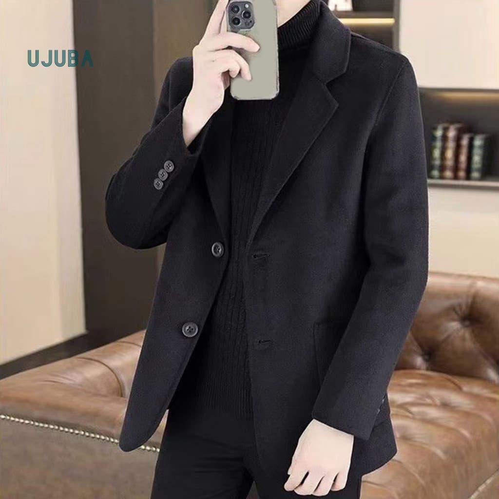 Men Wool Suit Jacket Versatile Men's Blend Single-breasted Two-button Blazer with Lapel Long Sleeve Formal Coat Pockets