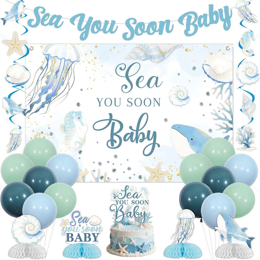 Decorações para Chá de Bebê "Sea You Soon", Tema Oceano Azul, Faixa "Sea You Soon", Painel de Fundo, Topper para Bolo, A