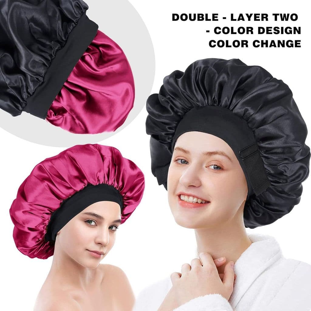[Estoque pronto] Touca de banho com faixa de borracha dupla Touca de cetim Touca de cabelo feminina WJG