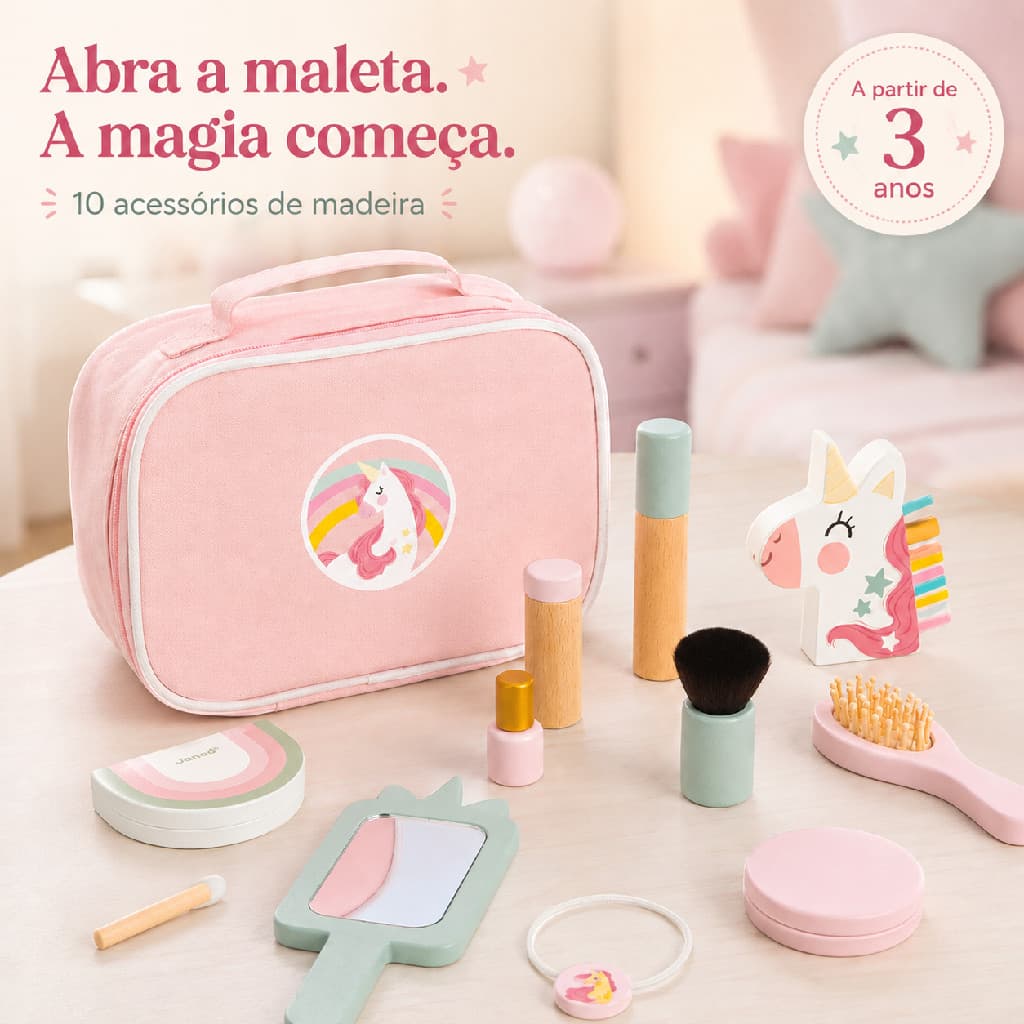 Kit Beleza Infantil Unicórnio Janod Madeira FSC para Faz de Conta 10 itens Montessori