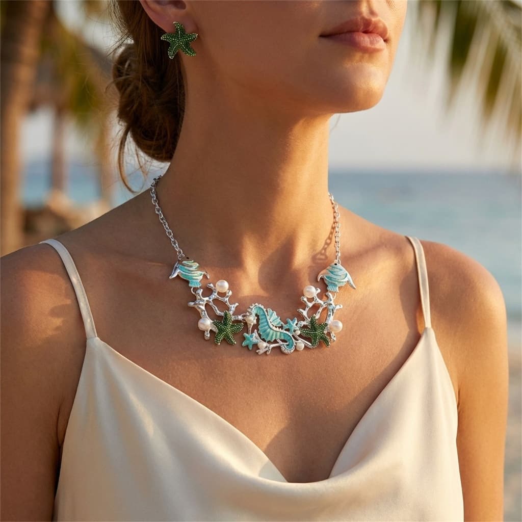 Moda Verão Estrela Do Mar Cavalo Marinho Coral Pérola Colar Brincos Conjunto Feminino Jóias Presente Feriado