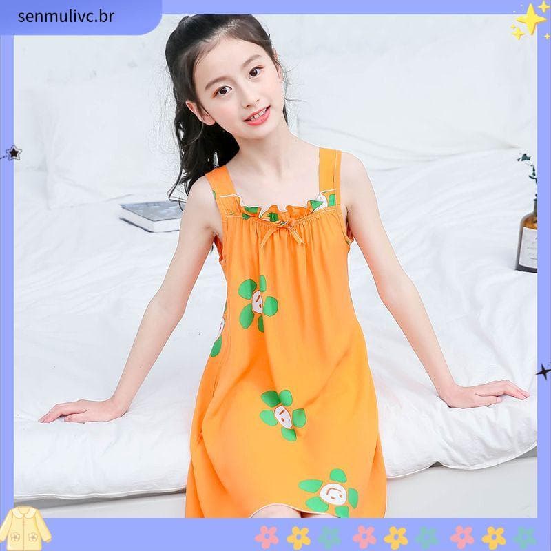 9681 vezes recomprar camisola feminina algodão seda classe a meninas pijamas sem mangas verão médio grande crianças esti