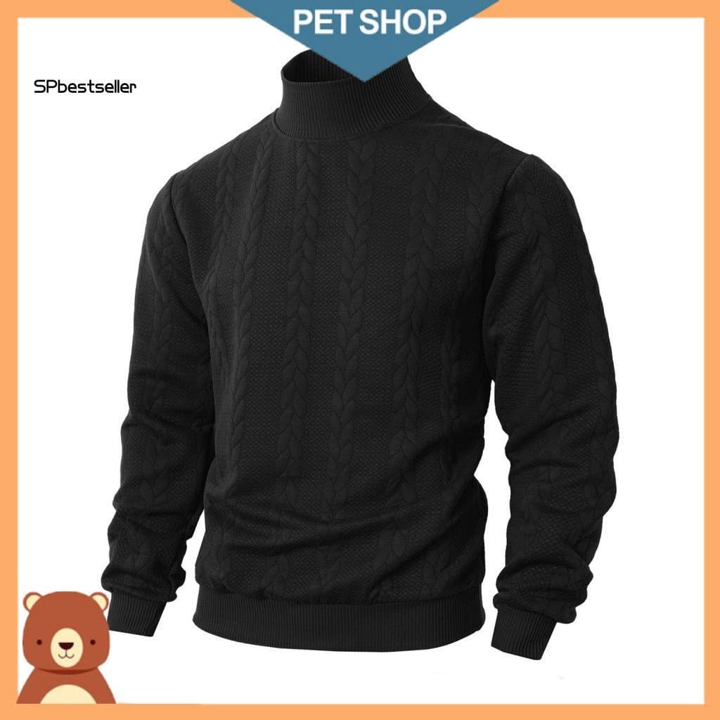 Suéter de Tricô Masculino de Gola Alta, Malha Torcida, Cor Sólida, Casual, Camada Base para Streetwear