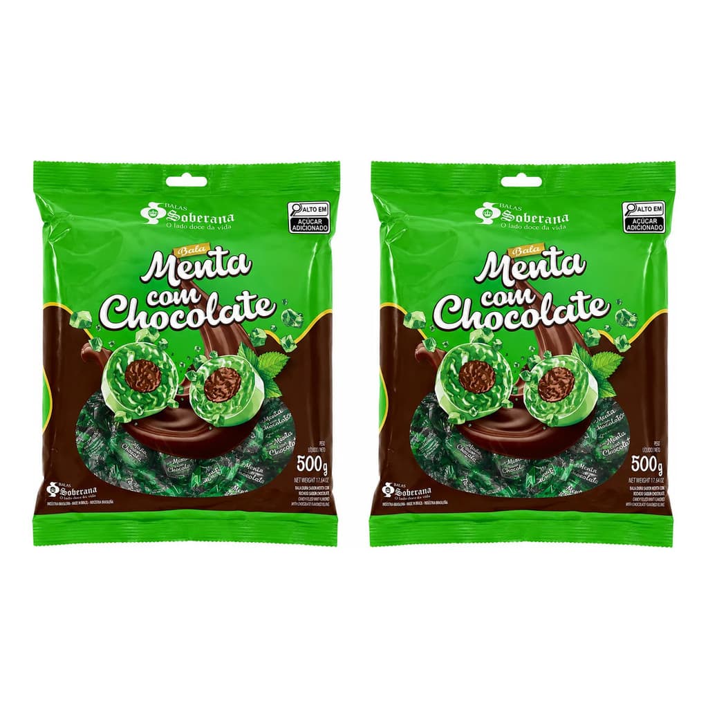 Pack 2 Pacotes Bala Dura Menta Com Chocolate Soberana 1kg Total - Econômico