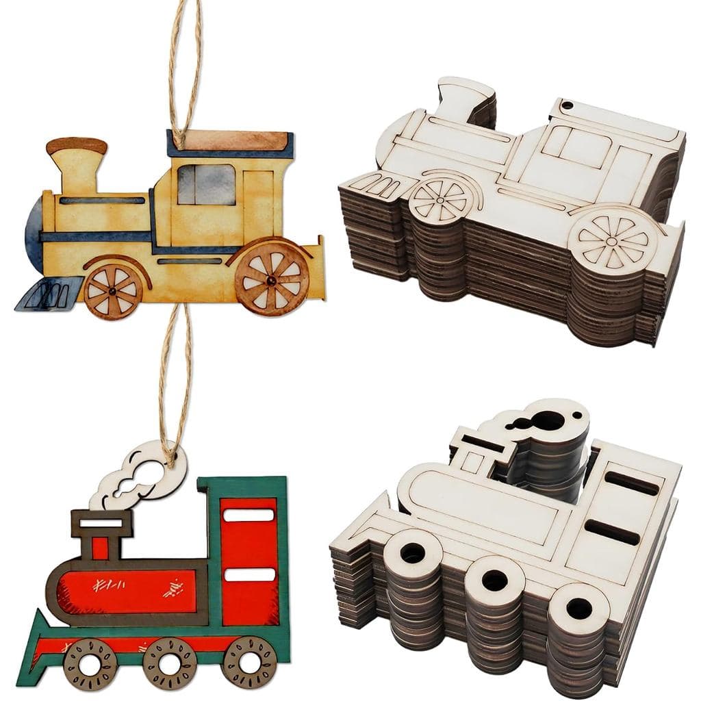 Pacote com 40 Peças de Madeira em Forma de Trem de 4 Polegadas para Artesanato, Fatias de Madeira em Forma de Trem Pintá