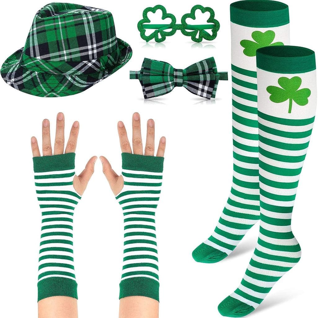 SATINIOR 5 Pcs St. Patrick's Day Party Costume Accessories Hat Bow Tie Arm Warmer Gloves Knee High Socks Sunglasses for