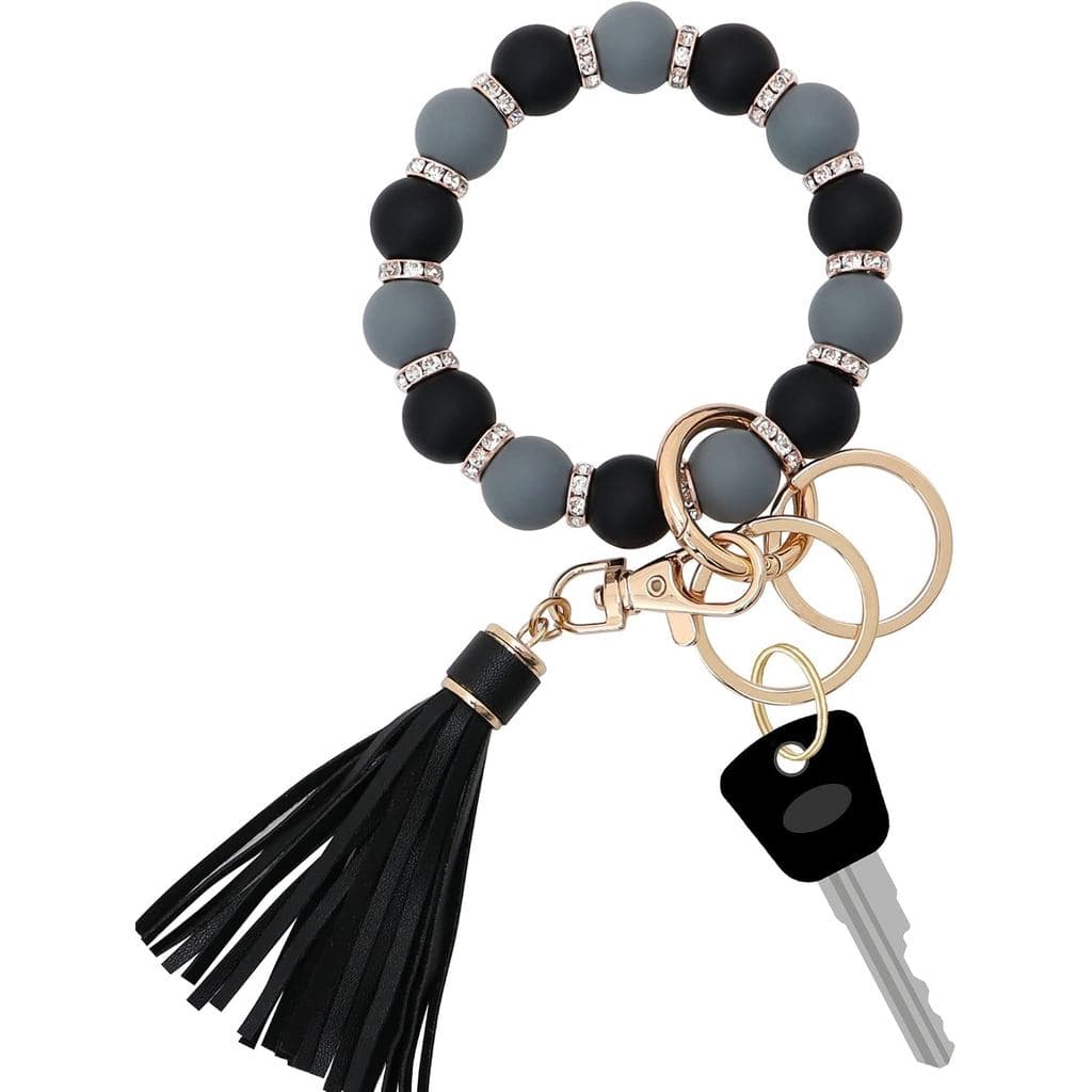 Munchewy Silicone Key Ring Bracelet for Women, Beaded Wristlet Keychain Key Holder with Zircon Tassel for Mother's Day G