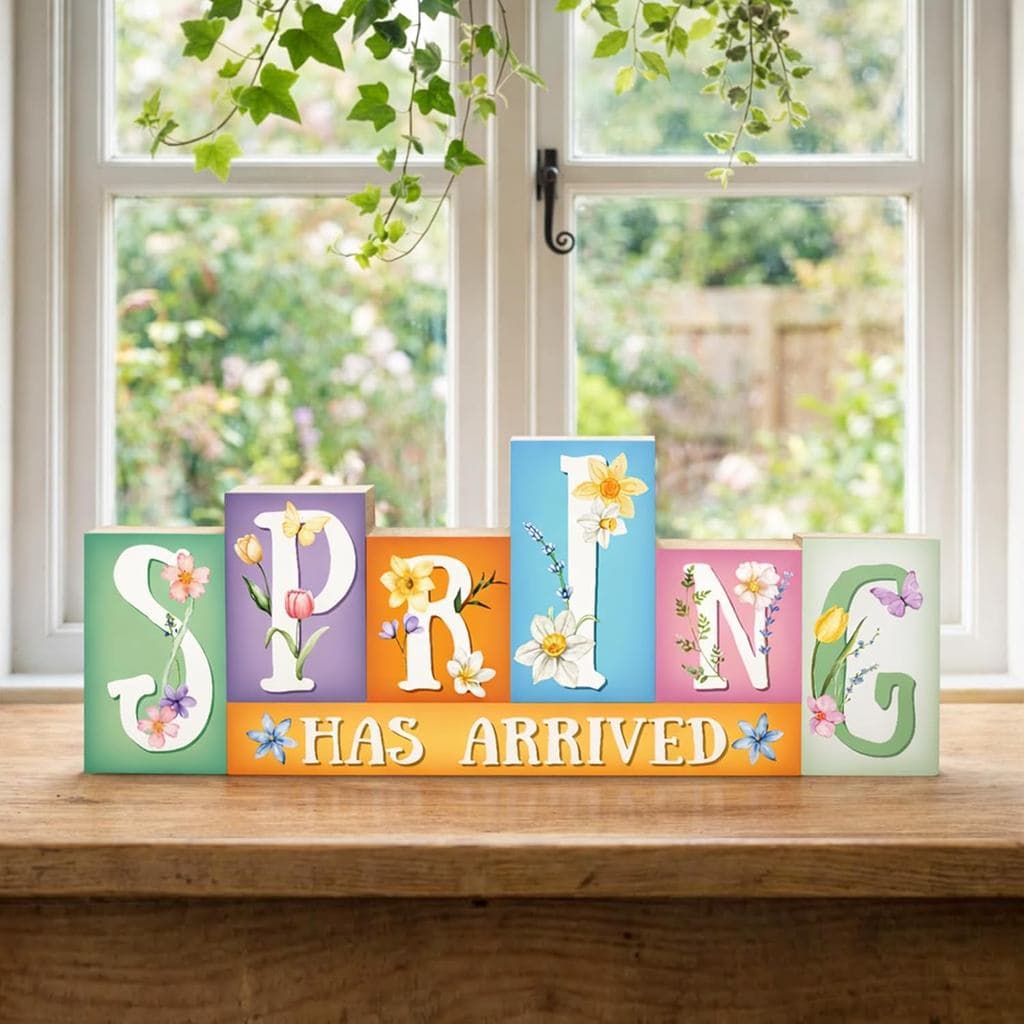 Spring Decorations, Wooden Spring Table Decorations, Freestanding Spring Tabletop Decor, Floral Table Sign for Shelf Man