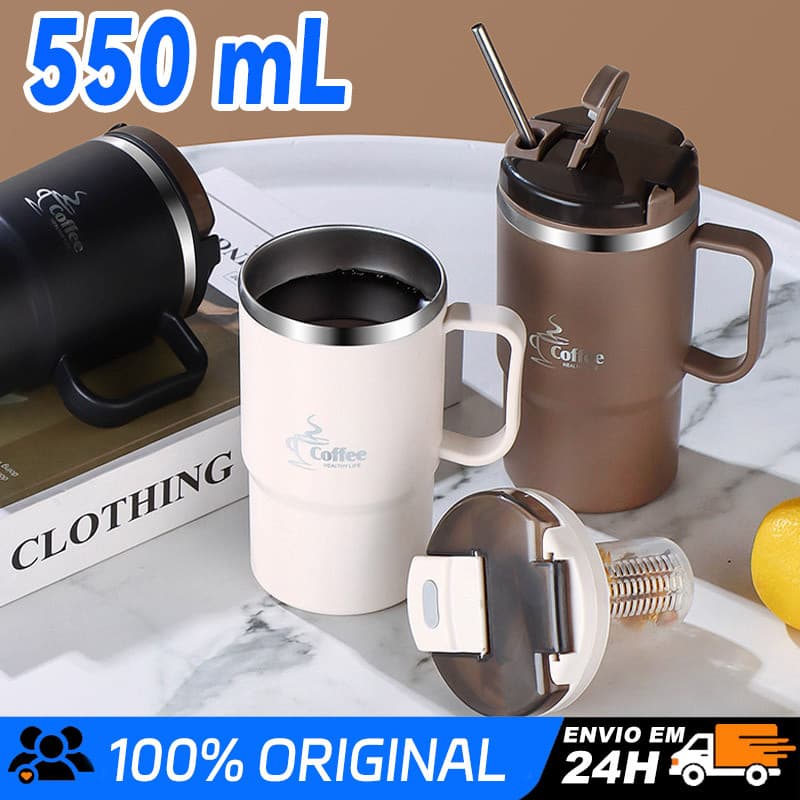 550ml Copo Térmico 2 em 1 com Canudo Inox 316 Antivazamento Portátil para Café Água