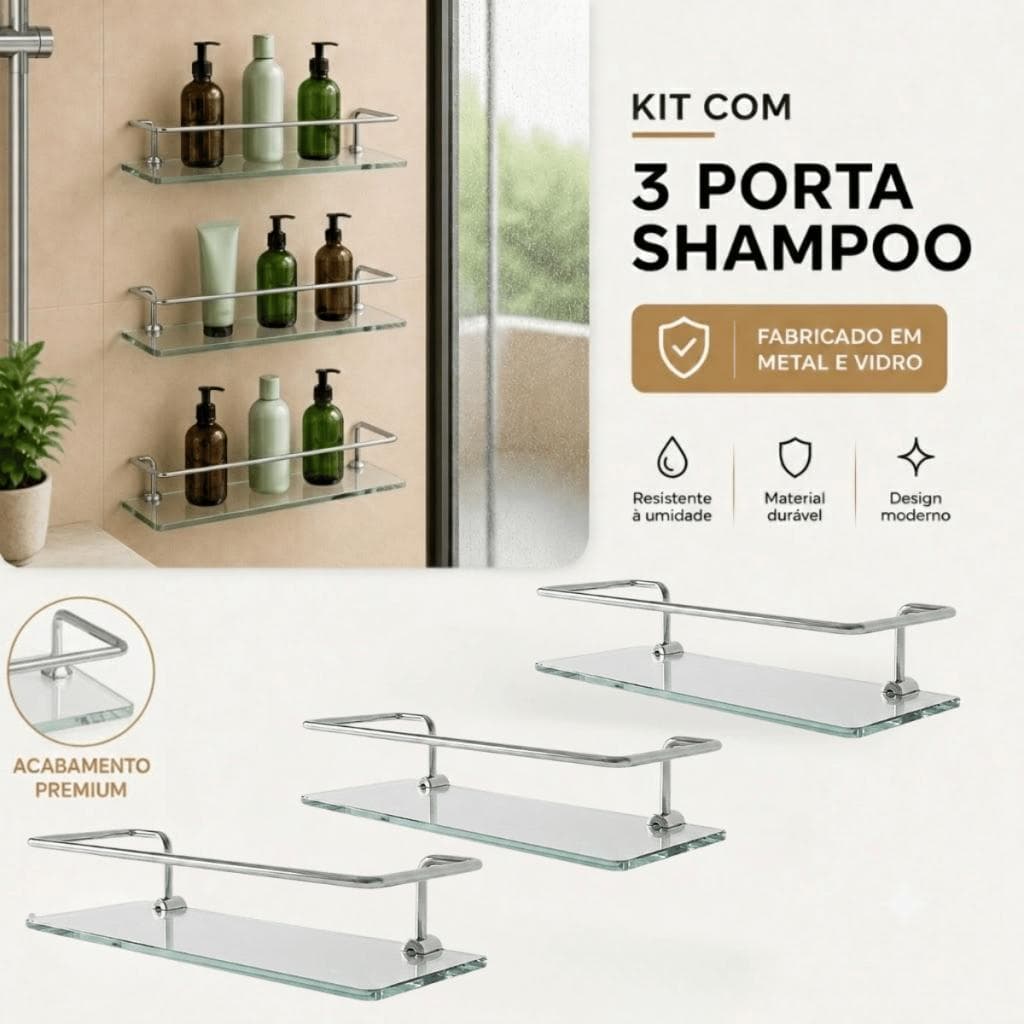 Kit 03 Porta Shampoo Reto 30cm Prateleira Base de Vidro Fixação Dupla