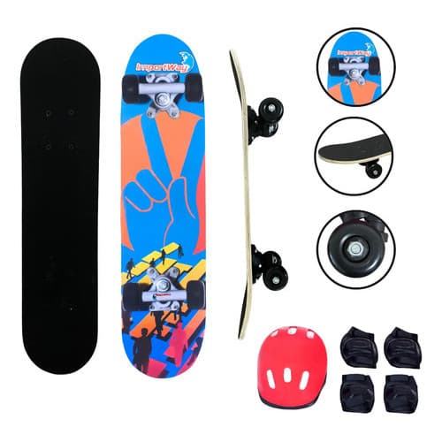 Skate 24 Shape Madeira Com Kit Proteção Infantil Capacete Azul Aces