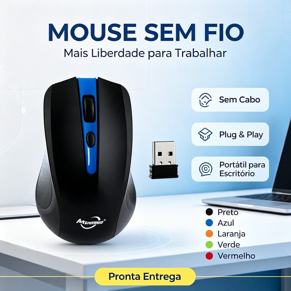 Mouse Óptico Sem Fio 2.4GHz 1200 DPI Mini | USB Plug & Play Portátil 4 Botões | PC Notebook Laptop 10-15m