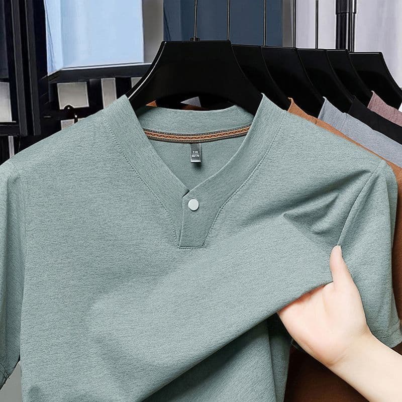Camiseta Masculina De Manga Curta Com Decote Em V Respirável De Cor Sólida De Verão Para Jovens E De Meia-Idade , casual