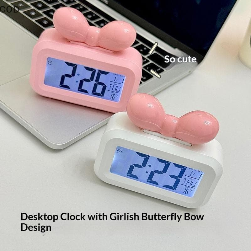 [gla] LED Digital Bowknot Despertador Detecção De Temperatura Luz Noturna Decoração De Mesa Portátil Para Quarto BR