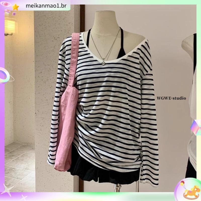 Coleção de 22.000 pessoas listrado solto protetor solar de manga comprida camiseta feminina verão 2026 novo estilo blusa