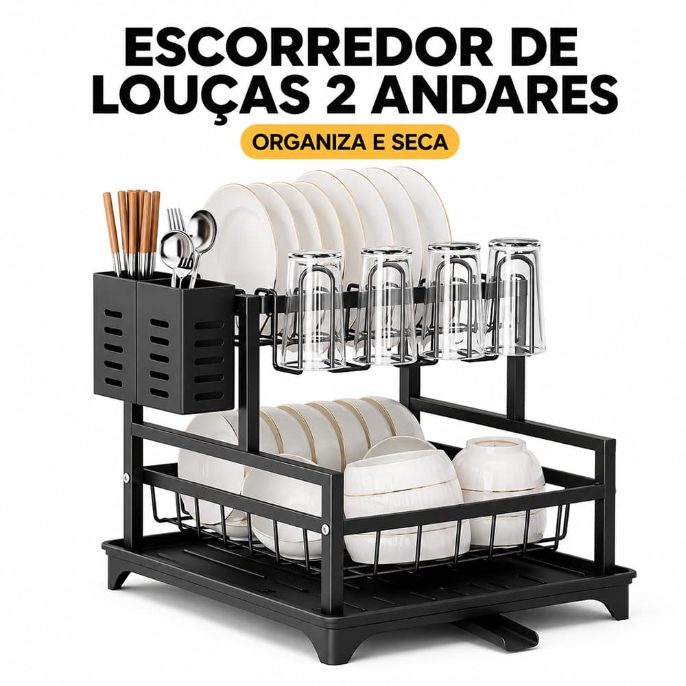 Escorredor de Louças 2 Andares em Aço Carbono com Bandeja, Porta-Talheres e Suporte para Copos