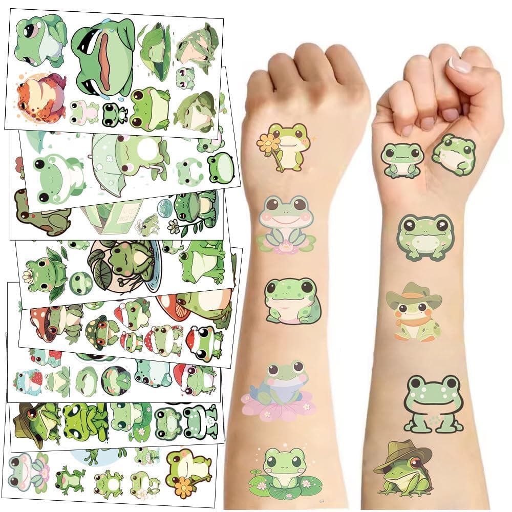 10 Adesivos Temporários de Tatuagem de Sapo de Desenho Animado para Crianças, Impermeáveis, Adequados para Festas, Adesi