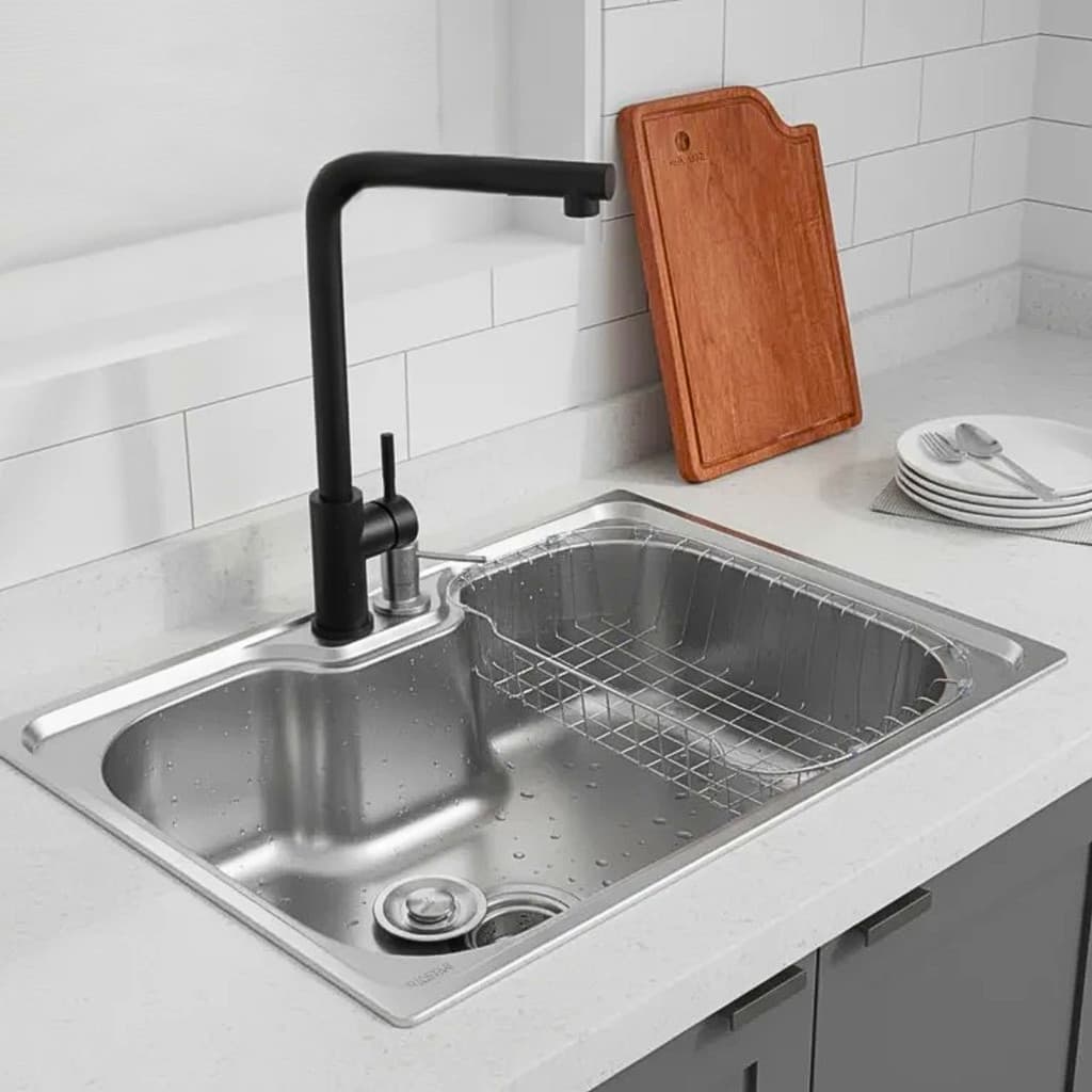 CUBA 50X40CM INOX 304 + TÁBUA E TORNEIRA EXTENSÍVEL PRETA