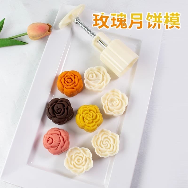50g rosa conjunto de 4 peças bolo de feijão Mung cantonês pele de neve Mooncake molde chá da tarde pastelaria imprensa f