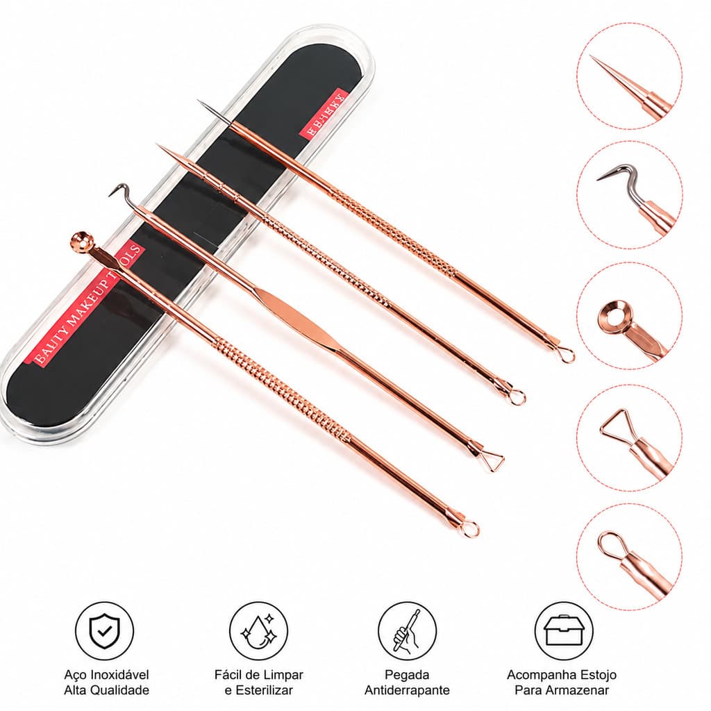 Kit Acne Espinha Extrator De Cravos Profissional Removedor 4 Pçs de Ponta Dupla com Pinça/Extrator/Agulha para Salão