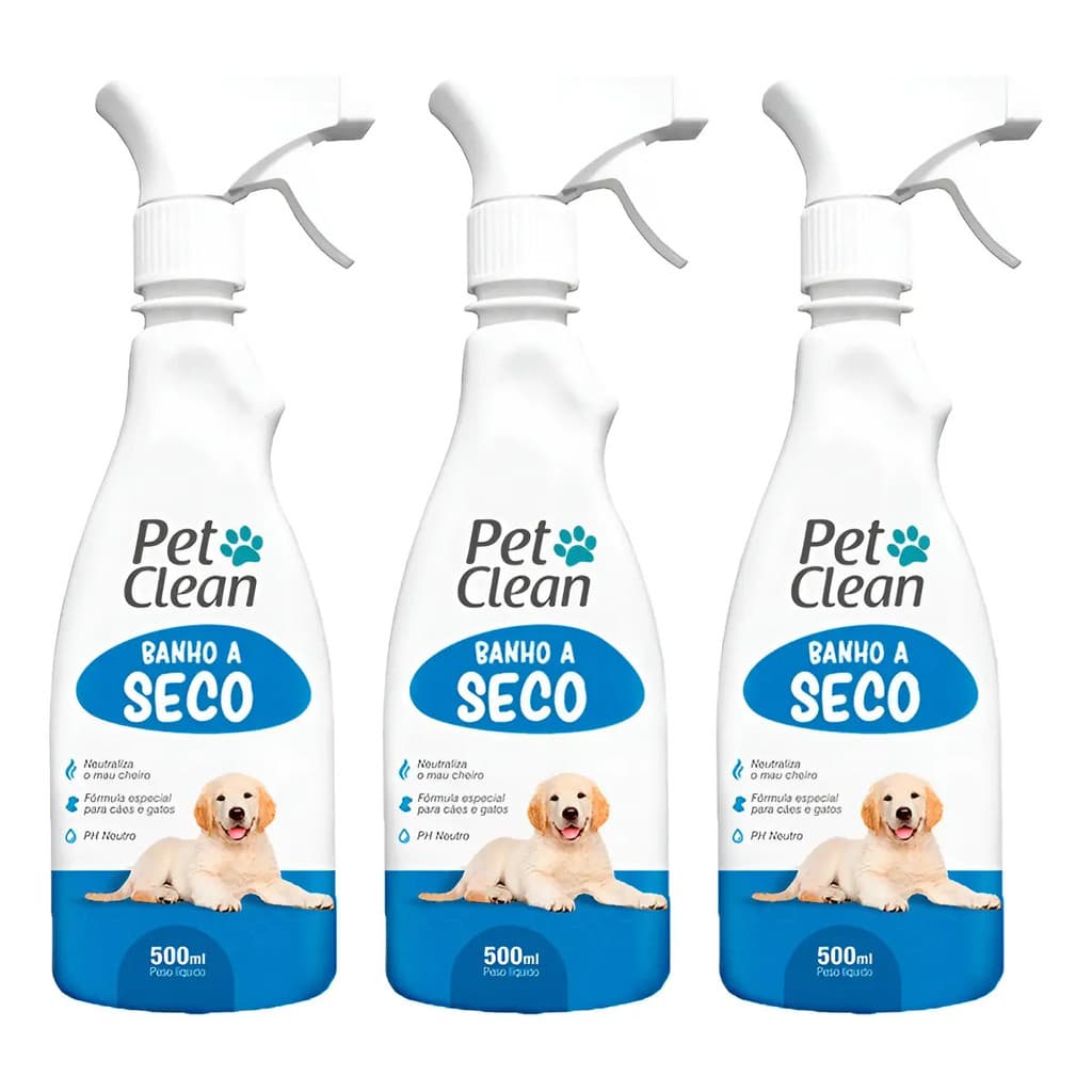 Kit 3 Banho a Seco para Cães e Gatos Spray 500ml Pet Clean