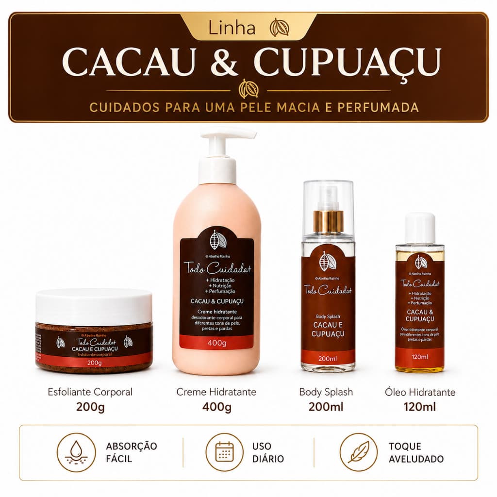 Kit Completo Cacau & Cupuaçu Abelha Rainha Todo Cuidado+ Hidratação Nutrição E Perfumação Corporal