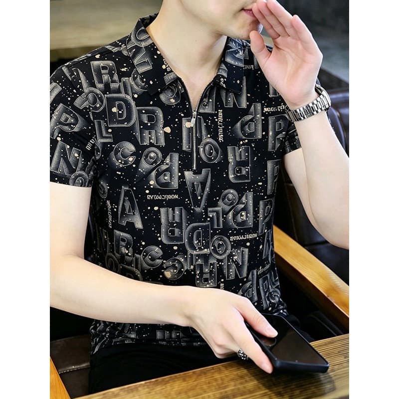 Carta impressa camiseta de manga curta masculina verão Casual lapela fina camiseta juventude moda topo All-Match camisa