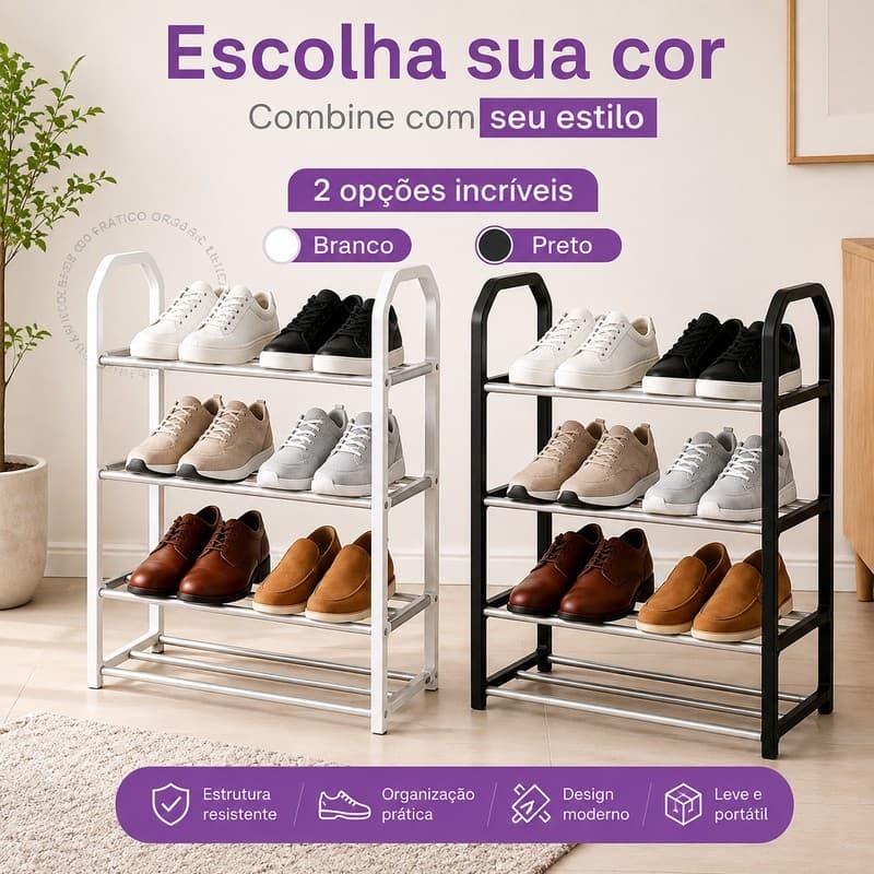 Sapateira 4 Andares 6 Pares Multiuso Organizador de Calçados Portátil Metal Resistente Preta Branca