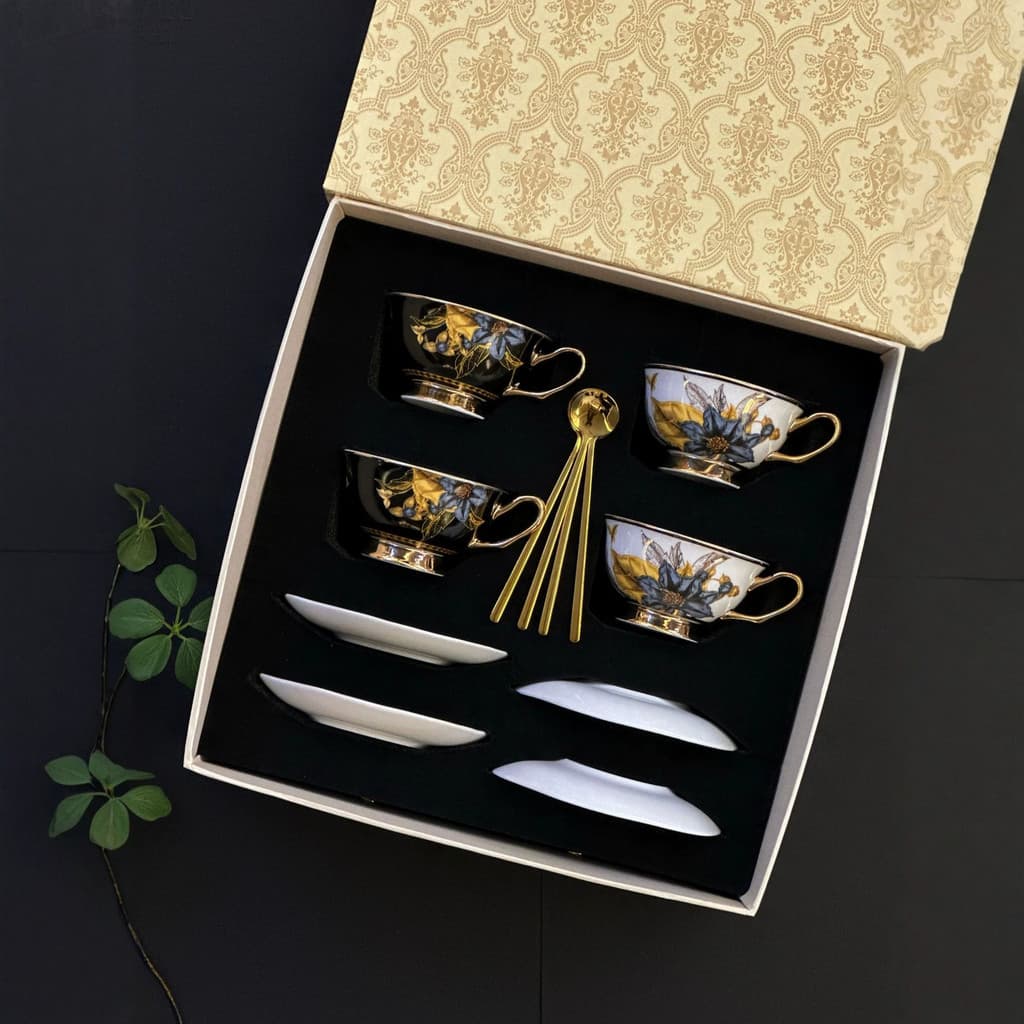 Retro luz luxo osso China xícara de café pires High-End sentido caixa de presente conjunto cerâmica par copo copo de águ