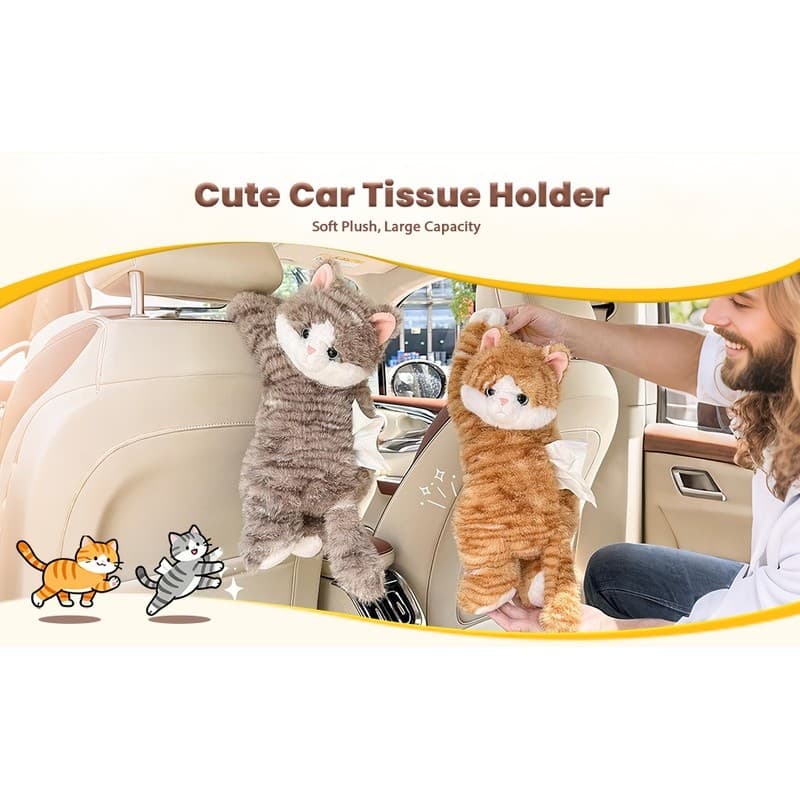 Capa de caixa de tecido de carro de gato fofo com boneca de pelúcia, bolsa de armazenamento Interior de veículo pendurad