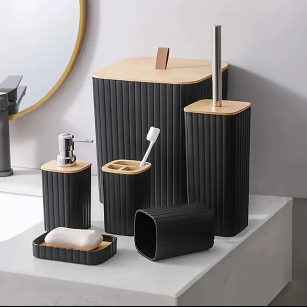 Kit Conjunto Banheiro Lavabo Completo 6 Peças Preto Di Vida Lixeira Escova Sabonete Porta Saboneteira Copo