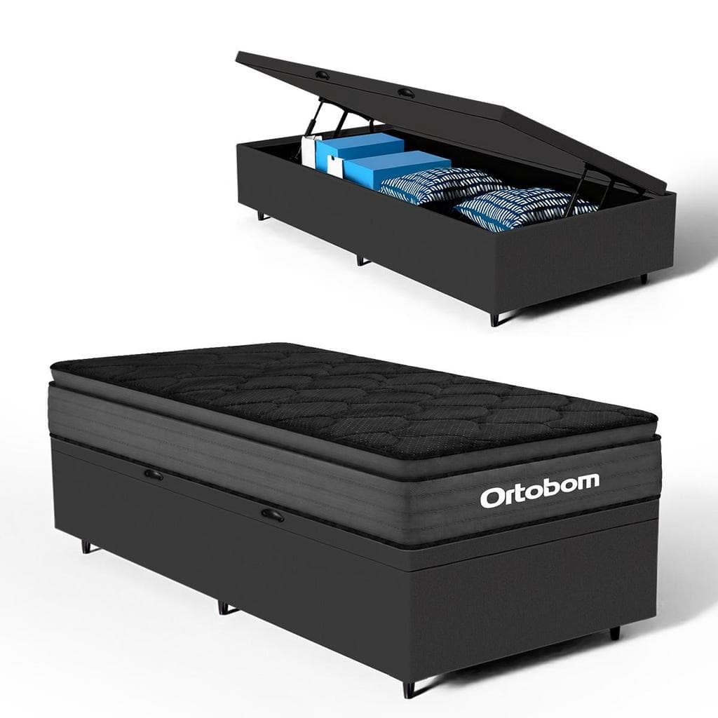 Cama Box Baú com Colchão Ortobom de Espuma Pillow Top Confort Black Solteiro 88cm