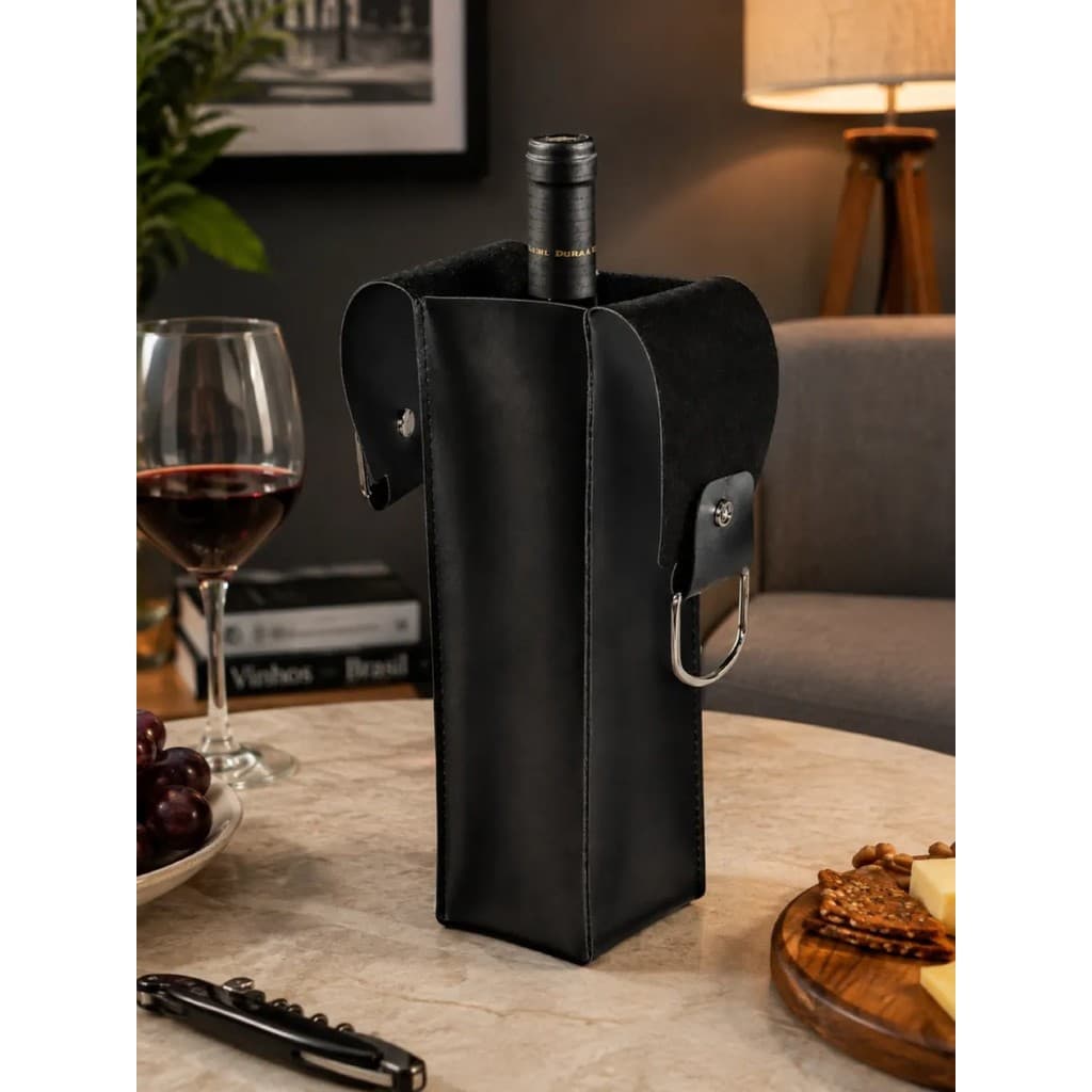 Porta garrafa vinho luxo couro sintetico alças metal constura decorativa